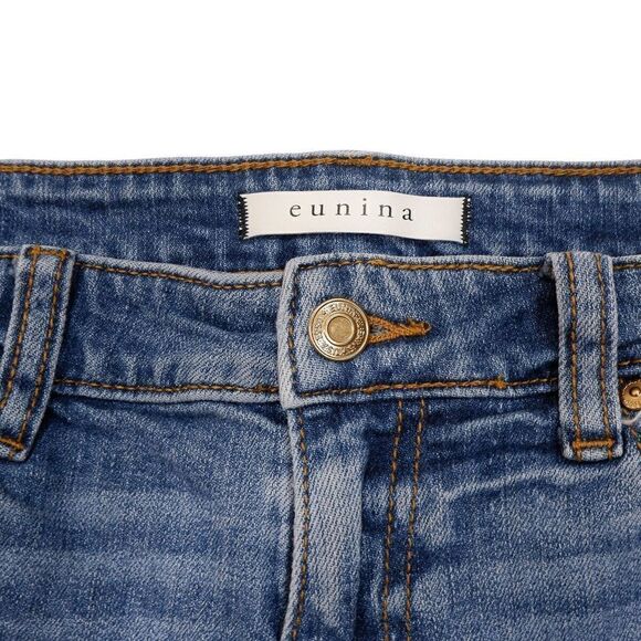 Eunina Jeans Juniors 7 Frankie Mid Rise Girlfriend Destroyed Blue Denim 29x26.5 - Picture 7 of 10